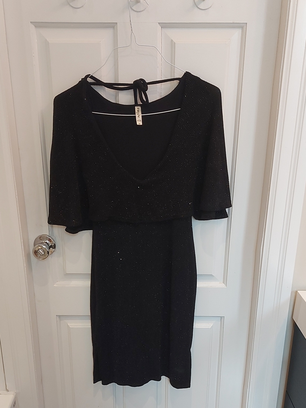 Sparkle Black V-Neck Mini Dress with Flutter Sleeves